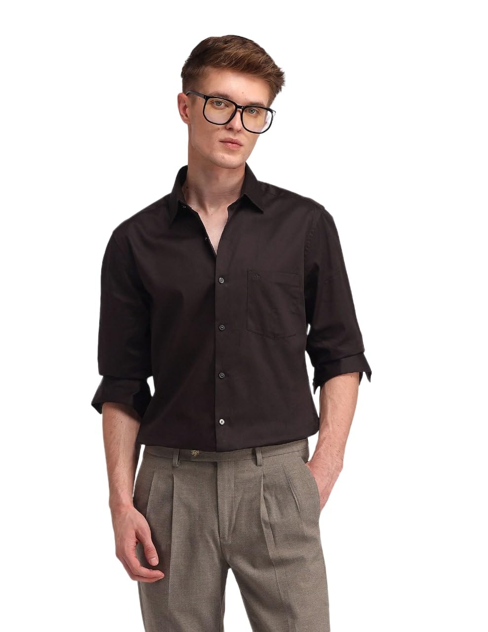 Arrow Men's Brown Solid - Cutaway Collar Full Sleeves Formal Shirt with Chest Pocket | Cotton Fabric | Slim Fit