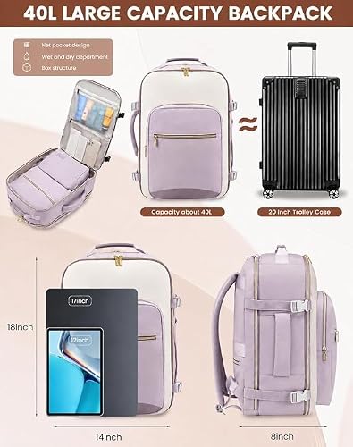 Hexwell 40L Large Travel Backpack for Women and Men with 3 Packing Cubes (Purple)