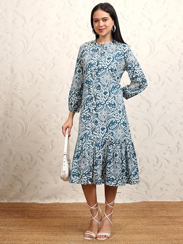 Vishudh Women 3/4 Sleeve Round Neck Dress Set VPDS000085 Blue M