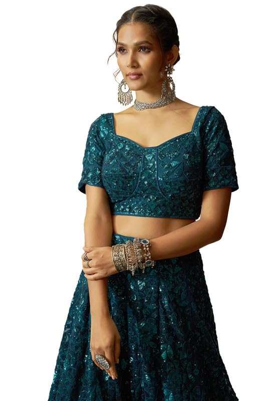 Soch Womens Teal Net All-Over Floral Pattern Sequin Embellished Unstitched Lehenga Set