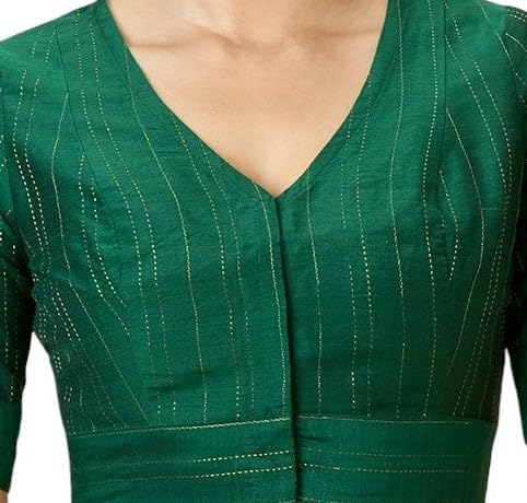 Studio Shringaar Women's Cotton Silk Blended Saree Blouse with Zari Stripes (Green, 46)