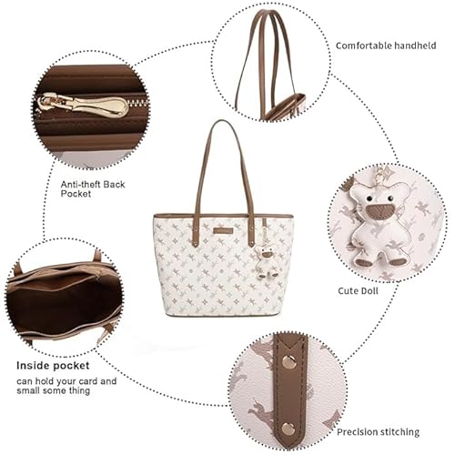NOJTI Women’s Handbag Tote Bag Premium PU Leather Shoulder Bag with Top Handle & Detachable Strap – Stylish Large Capacity Purse for Office, Casual & Party Use (T520-Milk White)