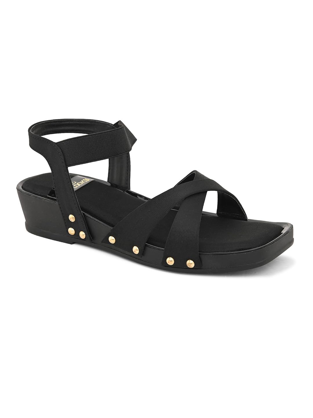 XE Looks Women's Black Wedges Sandals | Cross Strap Design with Gold Stud Detailing | Comfortable, Attractive & Fancy Ankle Strap-Wedges Cushioned Footbed | Trendy Wedges Sandals For Girls & Women