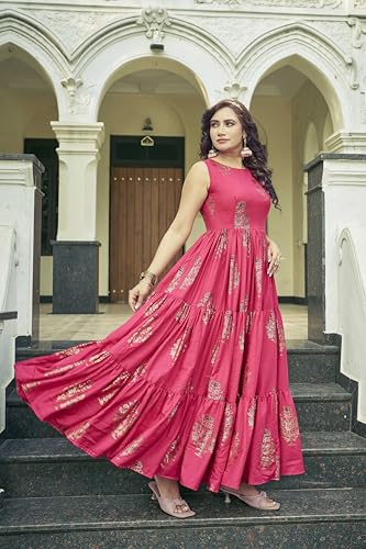 Samprag Rayon Gown for Women | Full Length | Printed | Fit & Flare | Sleevesless | Round Neck | Stylish | Ethenic Dress | Ideal for Casual, Wedding & Party Occassions | Pink | M