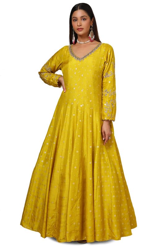 Soch Womens Mustard Silk Blend Zari Woven Panelled Gown with Beads and Stones