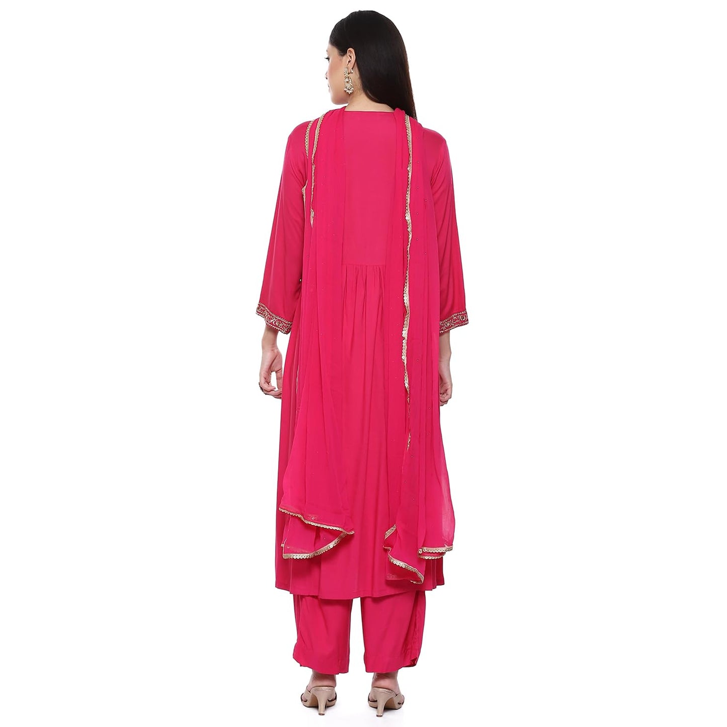 BIBA Cotton Blend Women's Solid Gathered Salwar Kurta Dupatta(Skdassorted8909_Fuchsia_38)