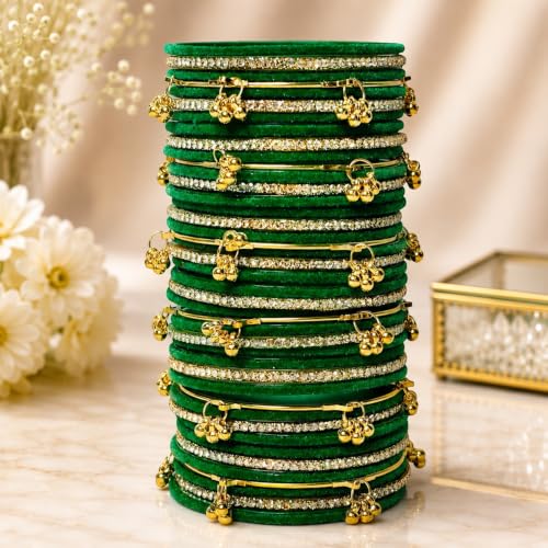VRINIK Designer Velvet Glass Bangles for Women | Traditional Kashmiri Ghungroo & Golden Stone Bangle Set | Bridal Chudi for Wedding, Festivals, Karwa Chauth, Teej, Navratri|Luxury Gifts