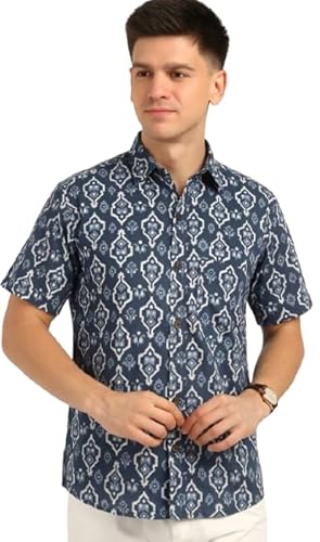 BLOCKS OF INDIA Cotton Hand Block Print Half Sleeves Summer Shirt for Men (Large, Grey JAAL)