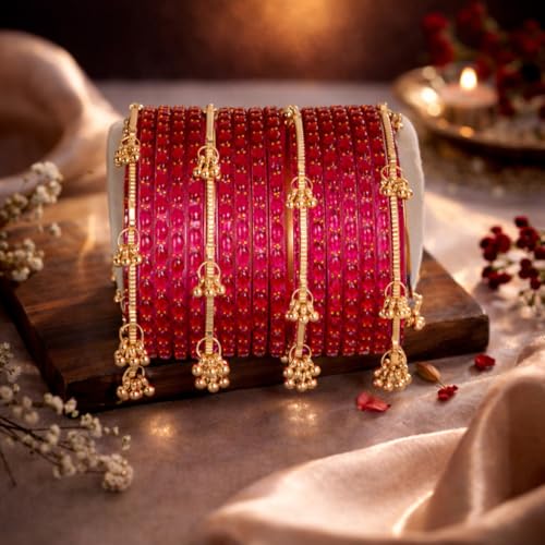 Shining Diva Fashion 16 Pcs Traditional Stylish Glass Ghungroo Kashmiri Bangles Set for Women & Girls (rrsd17374b_2.4_17387b_2.4) (Ruby Pink)