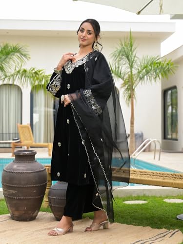 Divena Floral Embroidered Regular Zardozi Velvet Kurta with Trousers & Dupatta