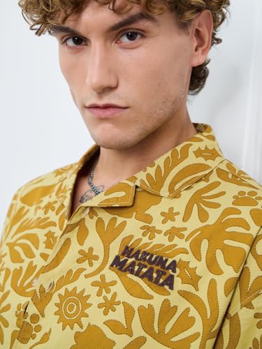 The Souled Store Lion King: Hakuna Vibes Men and Boys Short Sleeves Collared Neck Button Front Yellow All Over Printed Oversized Fit Cotton Holiday Shirts