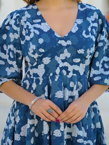 Divena Blue V-Neck Short Bell Sleeves Mini Cotton Dress