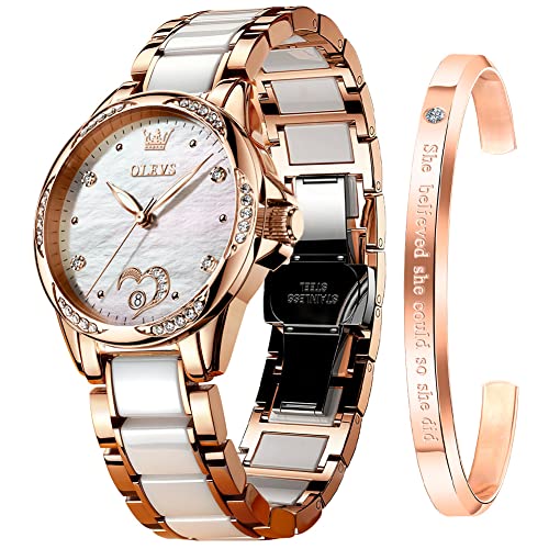 OLEVS Analog Wristwatch, Waterproof, Women'S, Fashion, Fashion, Simple, Women'S, Crystal, Arabic/Roman Dial, Leather Strap, Easy To Read Watch, Cute Watch, White, Women, Bracelet Type