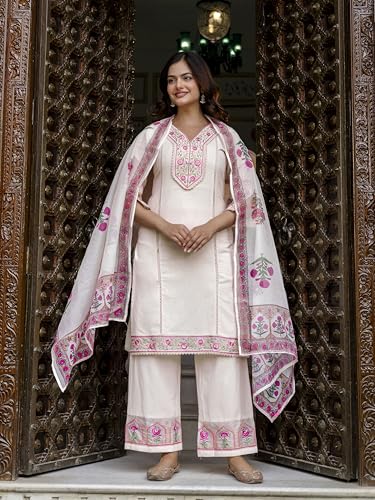 TRENDMALLS Women's Cotton Embroidery Kurta Pant with Dupatta Salwar Suit Set (G287-Offwhite-S-)