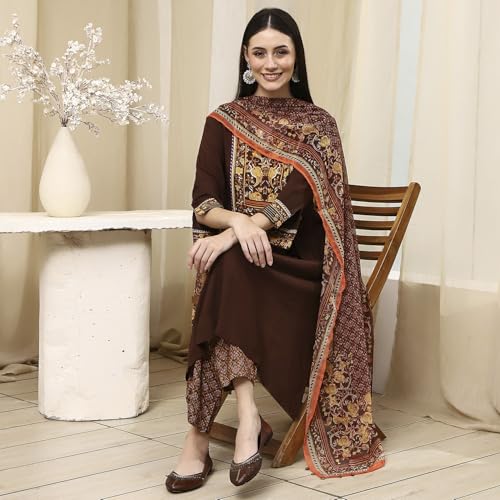 Biba Women Brown Rayon Viscose Narrow Kurta Set_46