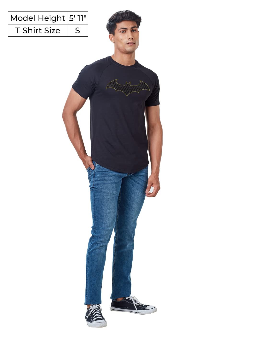 The Souled Store Men Official Batman: The Emblem Black Printed Drop Cut T-Shirts Drop Cut T-Shirts Fashionable Trendy Graphic Prints Pop Culture Merchandise