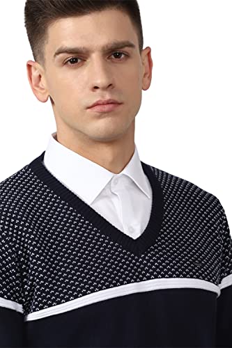 Men Navy Print V-Neck Sweater
