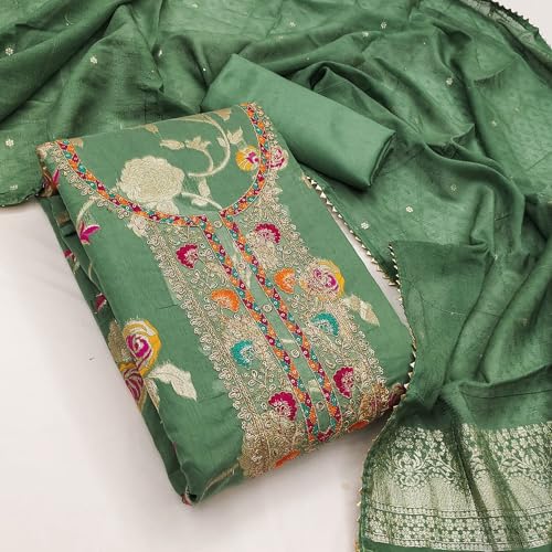 Pandadi Saree Women's Cotton Meenakari Jacquard Embroidery Work Unstitched Salwar Suit Dress Material