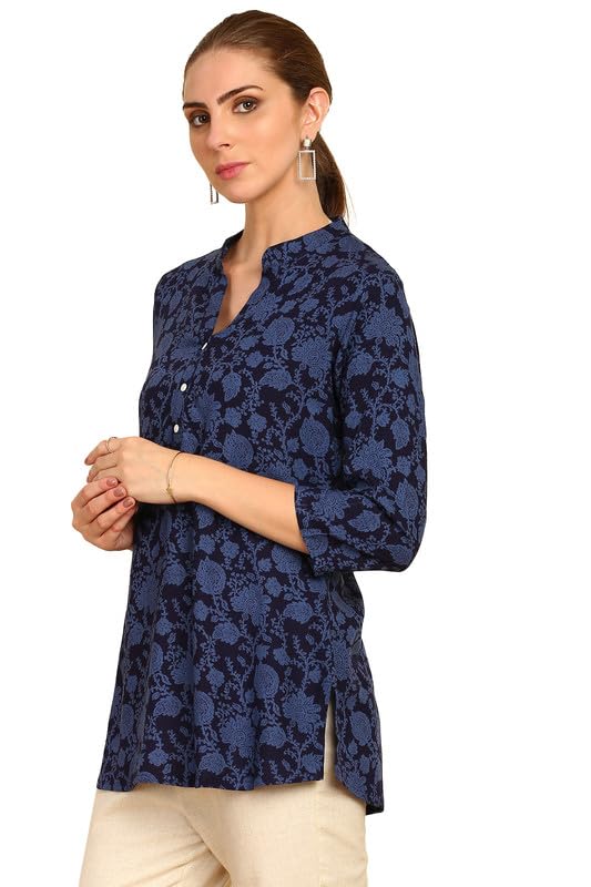 Soch Womens Navy Blue Floral Printed Mandarin Collar Rayon Tunic