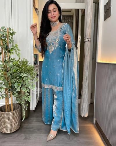 Women's Blue Silk Blend Straight Kurta Set With Dupatta And Palazzo