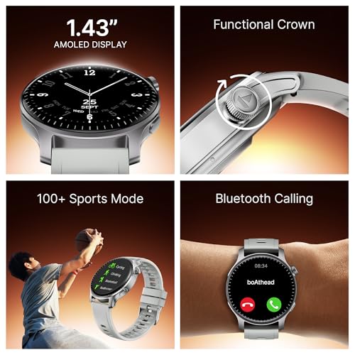 boAt Ultima Prime smartwatch with 1.43” AMOLED Display, AOD, Personalized Fitness Nudges, Functional Crown,100+ Sports Modes, Create Your Own Watchface, smartwatch for man and Woman (Silver Mist)
