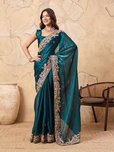 Ekasya Women Jimmy Silk Teal Green Floral Pattern Embroidery Work Saree With Unstitched Blouse (E6386_2)