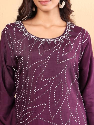 Varanga Women Purple Hand Embroidered French Knot Kurta With Tonal Bottom And Embroidered Dupatta.