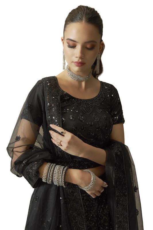 Soch Womens Black Net All-Over Sequin Embellished Unstitched Lehenga Set with Belt