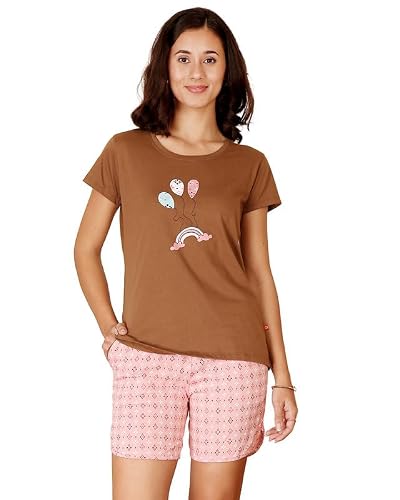 BODYCARE Women's Cotton Printed T-Shirt and Shorts Set | Soft & Breathable Nightwear | Short Sleeves | Loungewear Co-Ord Set | BSSS17021_100 Multicolour