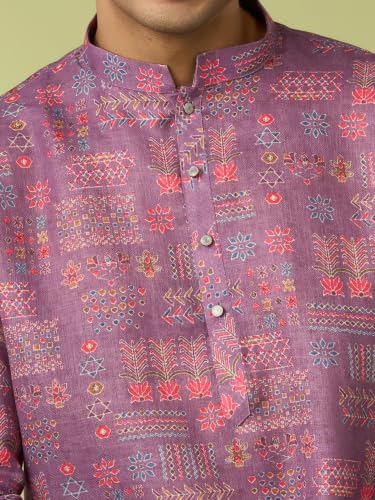 DIWAS BY MANYAVAR Men's Cotton Blend Tribal Prints Kurta Set (Lilac,L)