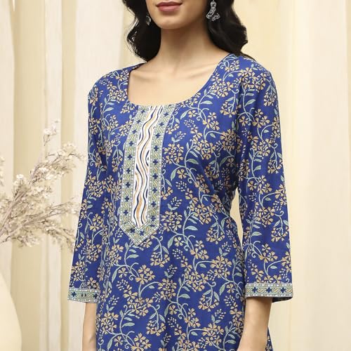 BIBA Women Royal Blue Cotton Screen Print Unstitched Suit Set_FREE SIZE
