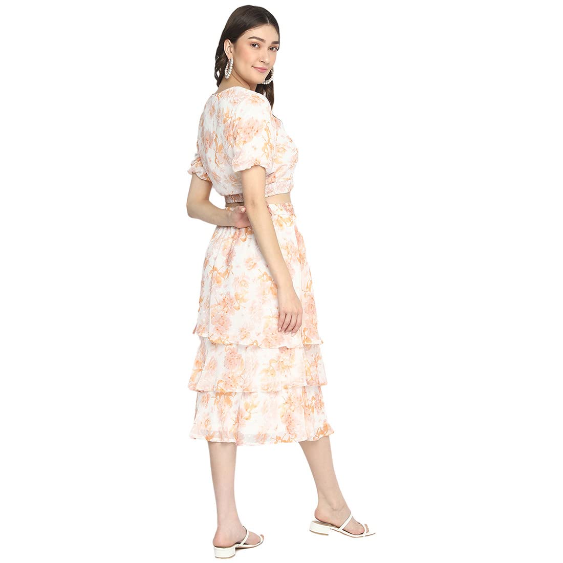 Latin Quarters Women Orange Floral Printed V-Neck with Peasant Sleeves Layered Fit & Flare Dress