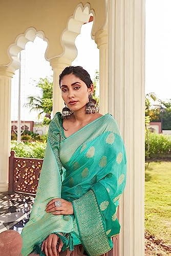 Vardha Women's Banarasi Georgette Saree with Unstitched Blouse Piece - Gold Zari Woven Work Sarees for Wedding (Mahika_677)