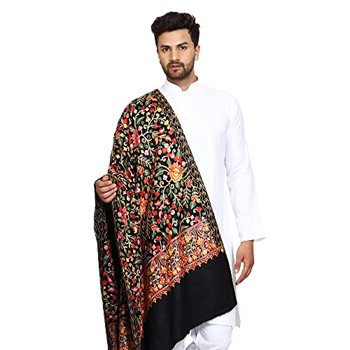 SWI WITH LABEL Men's Kashmiri Aari Embroidered Wool Shawl (I5222_Black_Free Size)