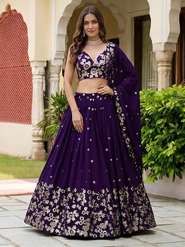 Zeel Clothing Women's Sequins and Thread Embroidered Work Georgette Lehenga Choli With Dupatta (6015-Purple-Women-Lehenga-Choli-Latest; Free size)