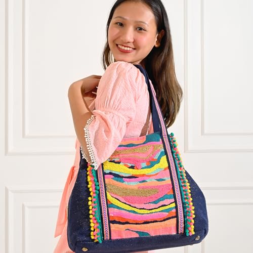 Boho Girl Rainbow Waves Embellished Tote | Hand Beaded Navy Blue Jacquard Tote | Handicrafted Bag for Women | Multicolour Bead Embellished Handbag | Birthday Gifts for Sisters | Handbag for Office