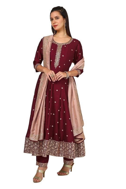 Soch Womens Maroon Silk Blend Suit Set With Sequins