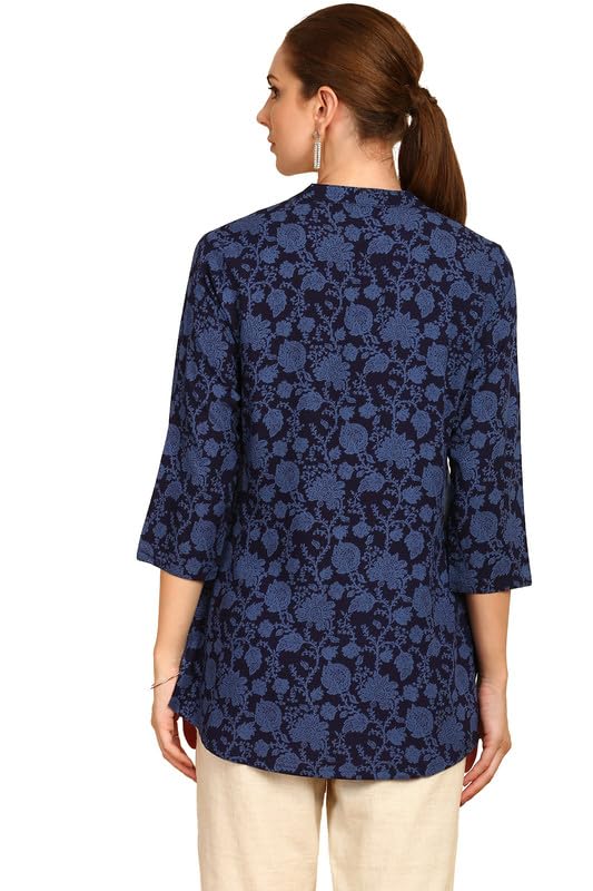 Soch Womens Navy Blue Floral Printed Mandarin Collar Rayon Tunic