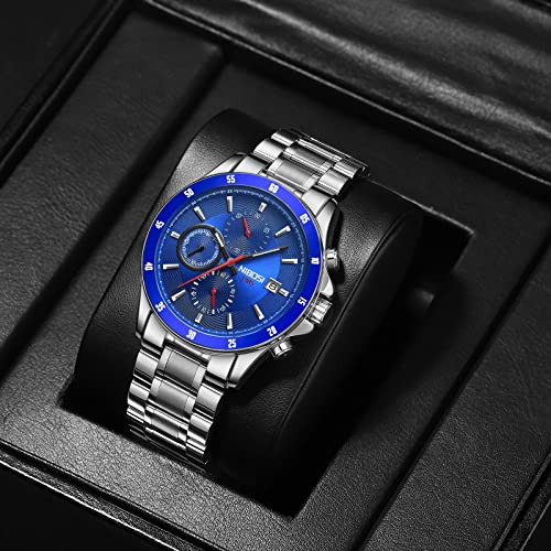 NIBOSI Ultra-Thin Minimalist Fashion Quartz Analog Sleek Mesh Stainless Steel Waterproof Chronograph Watch For Men With Auto Date Wrist Watch Boy's Husband Steel Strap (Blue)