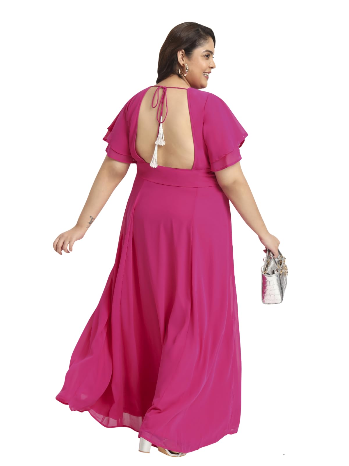 wild U Women Plus Size Maxi Gown | Beaded Tassel | Bare Back | Western Dress for Women - Fuchsia (Pink, Size : 6XL)