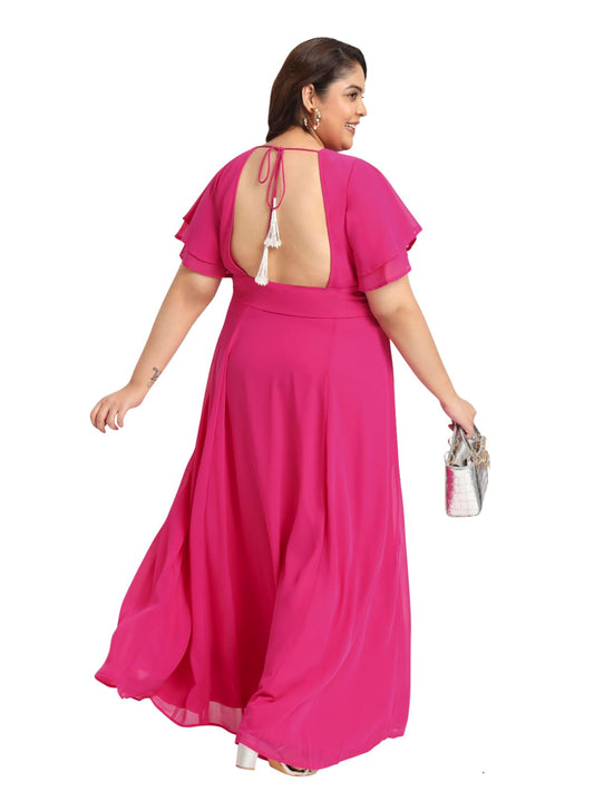 wild U Women Plus Size Maxi Gown | Beaded Tassel | Bare Back | Western Dress for Women - Fuchsia (Pink, Size : 6XL)