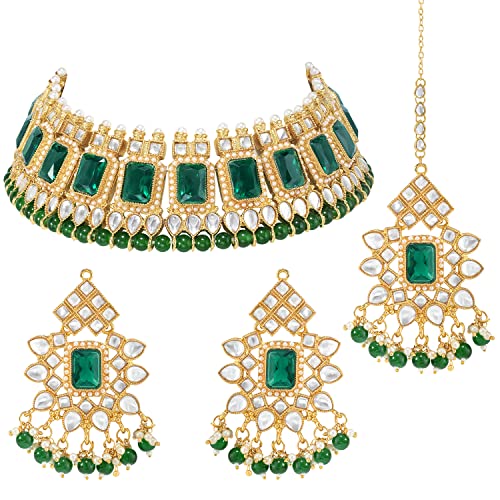 Peora Gold Plated Green Kundan Dangling Pearls Necklace Earring MaangTikka Jewellery Set for Women