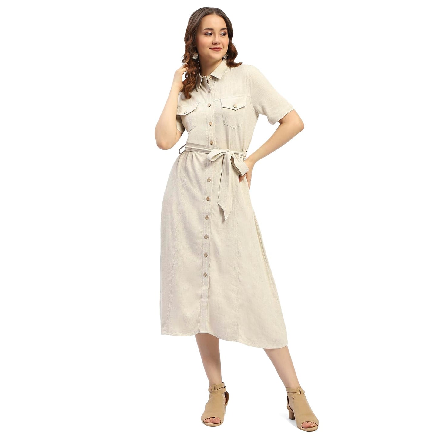 Madame Beige Button Down Viscose Blend Shirt Dress
