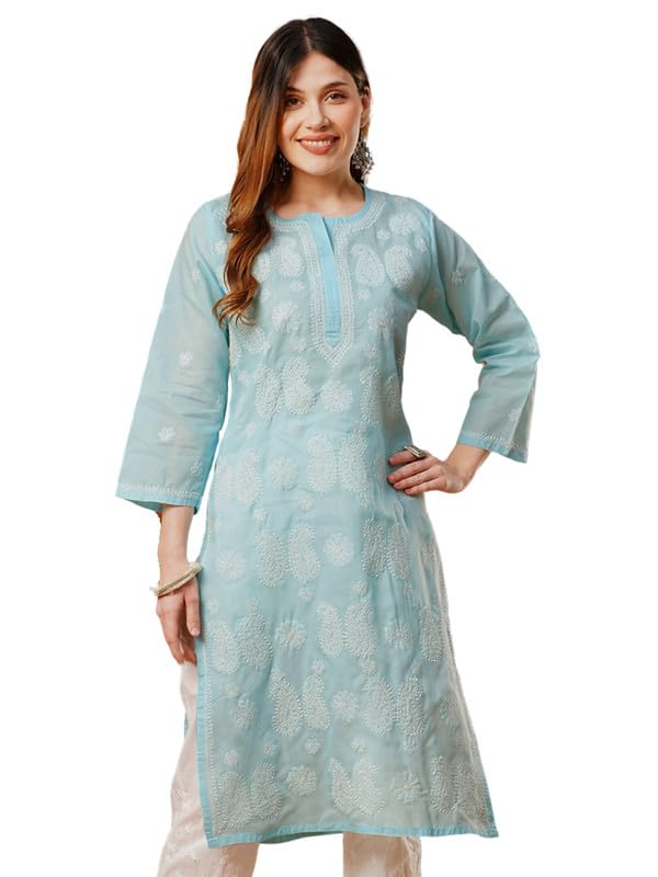 Ada Hand Embroidered Lucknowi Chikankari Cotton Kurti Kurta for Women A411616 Blue (5XL)
