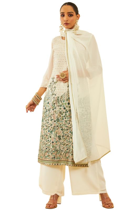 Soch Womens Off White Georgette Floral Embroidered Suit Set With Sequins