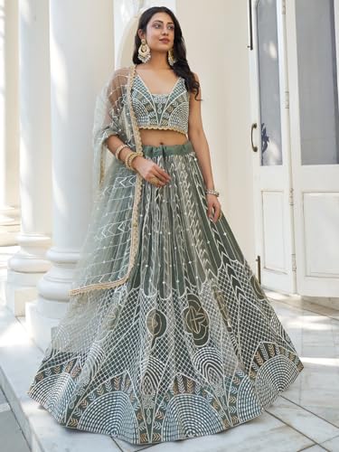 Zeel Clothing Women's Thread Sequins Work Embroidery Net Fascinating Semi-Stitched Lehenga Choli With Dupatta (2136-Green-Wedding-Women-Lehenga-Choli-Latest; Free Size)