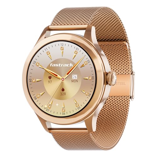 Fastrack Noir Pro 1.19" Super AMOLED Metal Smart Watch with 1000 Nits Brightness, BT Calling, 24/7 Health Suite, Functional Crown, Zinc Alloy Case – Smartwatch for Women (Rose Gold) ‎(68042WM01C)