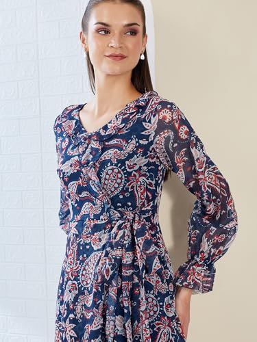 Miss Chase Women's V Neck Full Sleeves Polyester Relaxed Fit Midi Length Dress (MCAW25D85-78-178-02, Multicolored Base Navy Blue, XS)