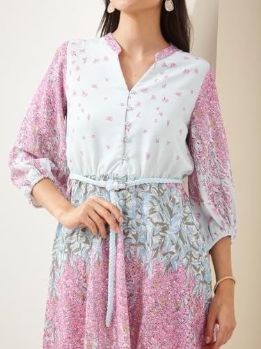 Latin Quarters Women Pink Mandarin Collar 3/4 Sleeves Fit & Flare Printed Casual Dress_M