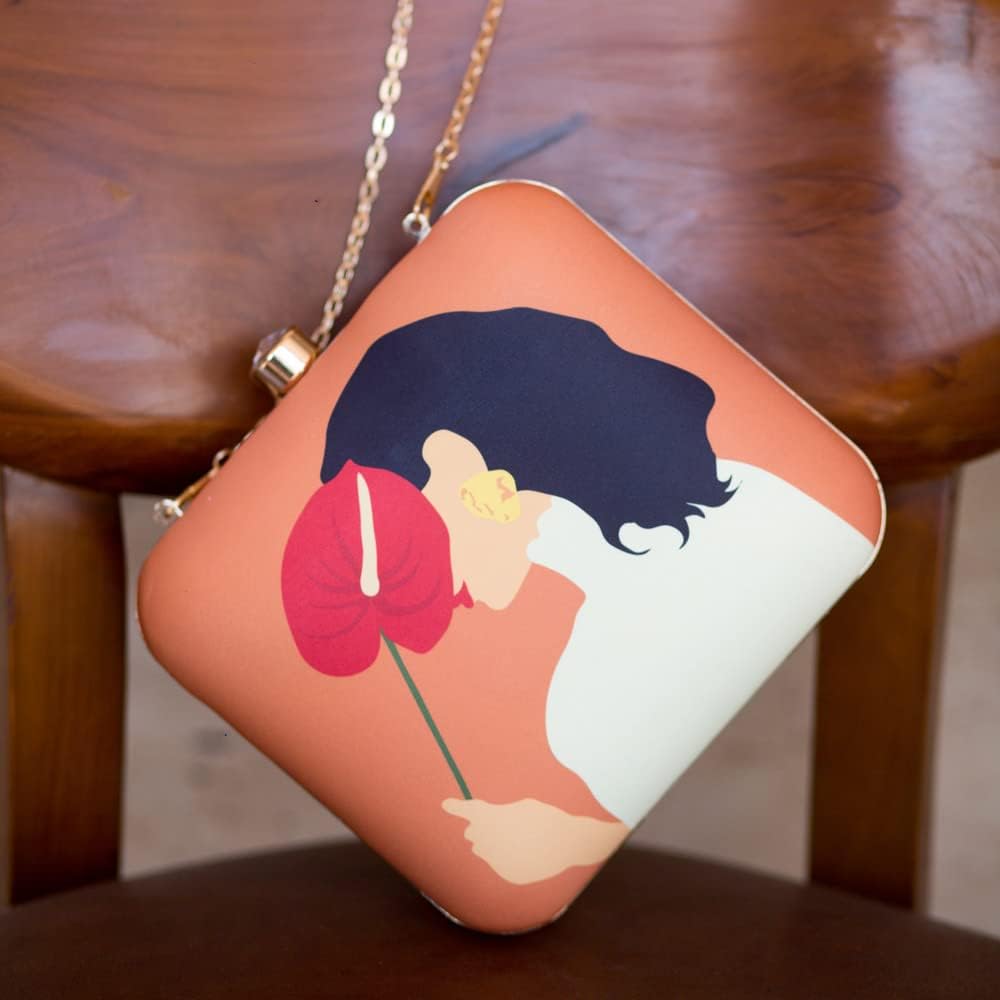 Artklim Vibrant Orange Colour Shy Woman Portrait Clutch Bag For Women With Detachable Starp